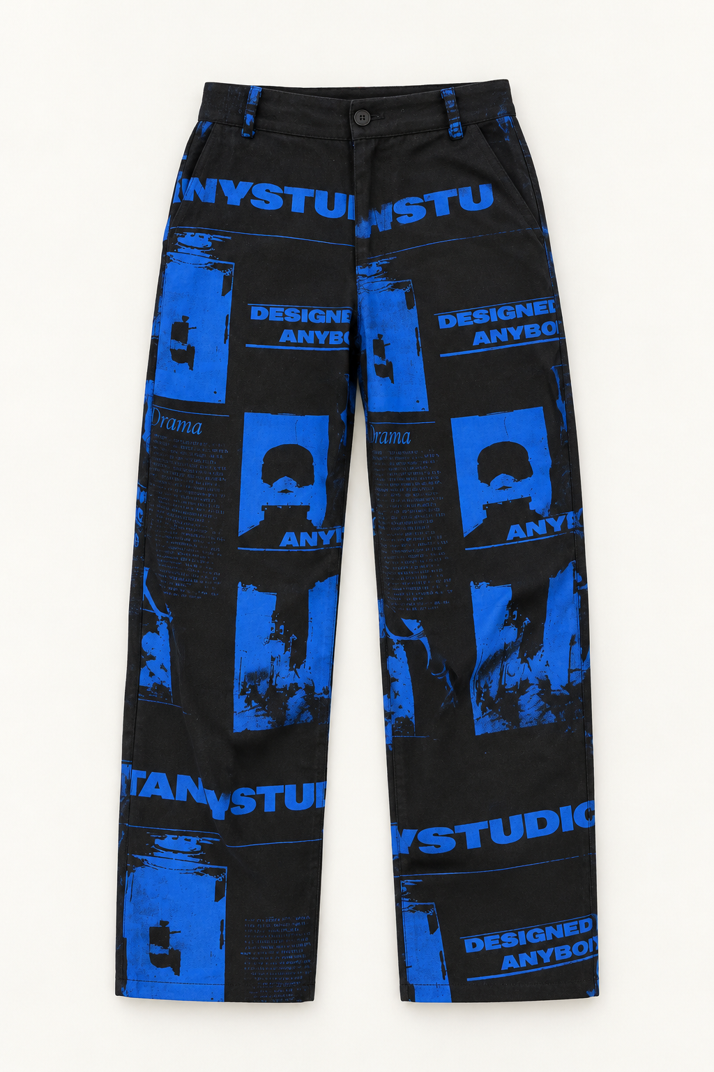 Black wide-leg pants with cobalt blue graphic collage print, flat lay