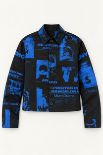 Black cropped jacket with cobalt blue graphic collage print, flat lay