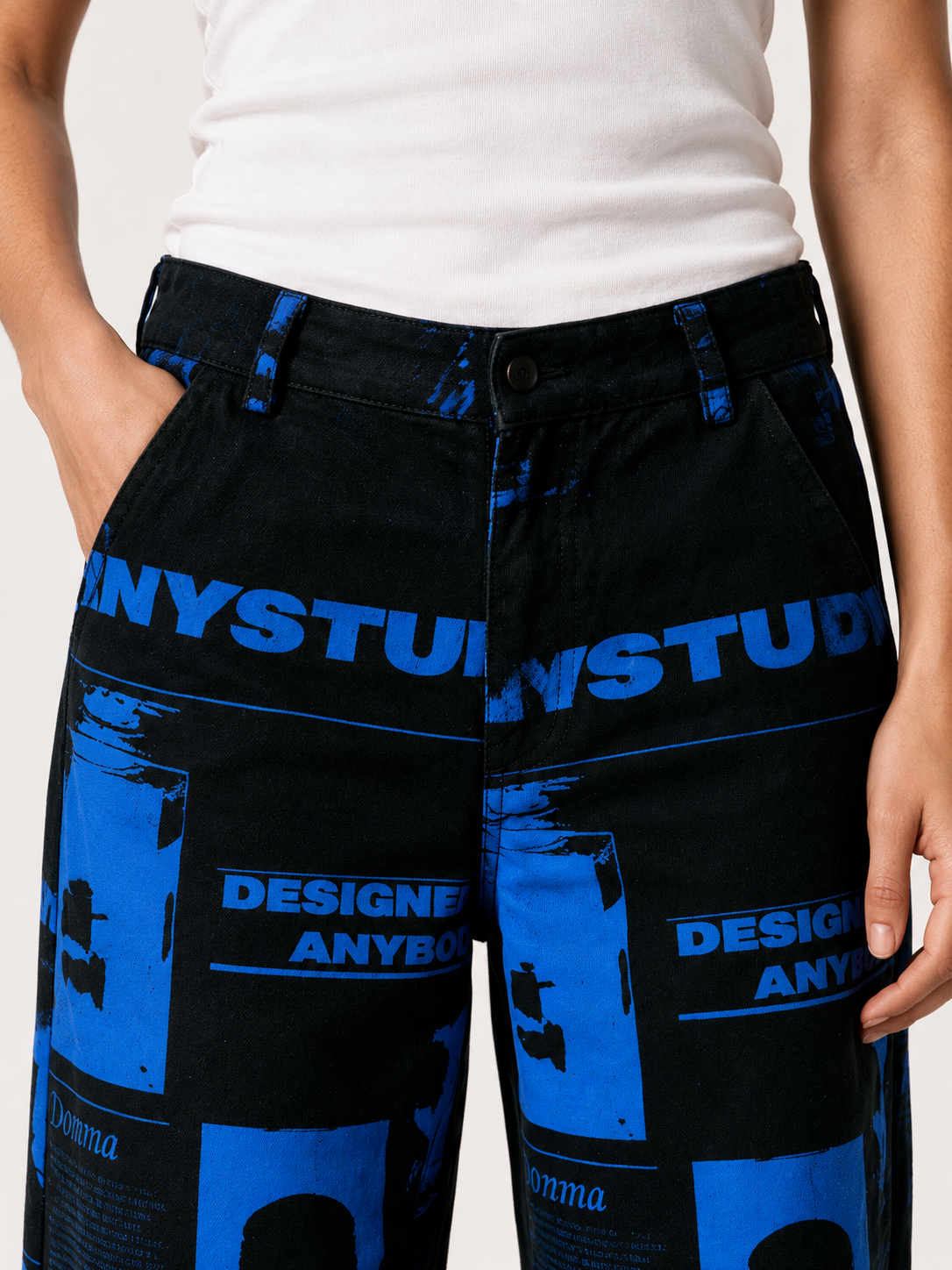 Close-up of the printed pants graphic and waistband