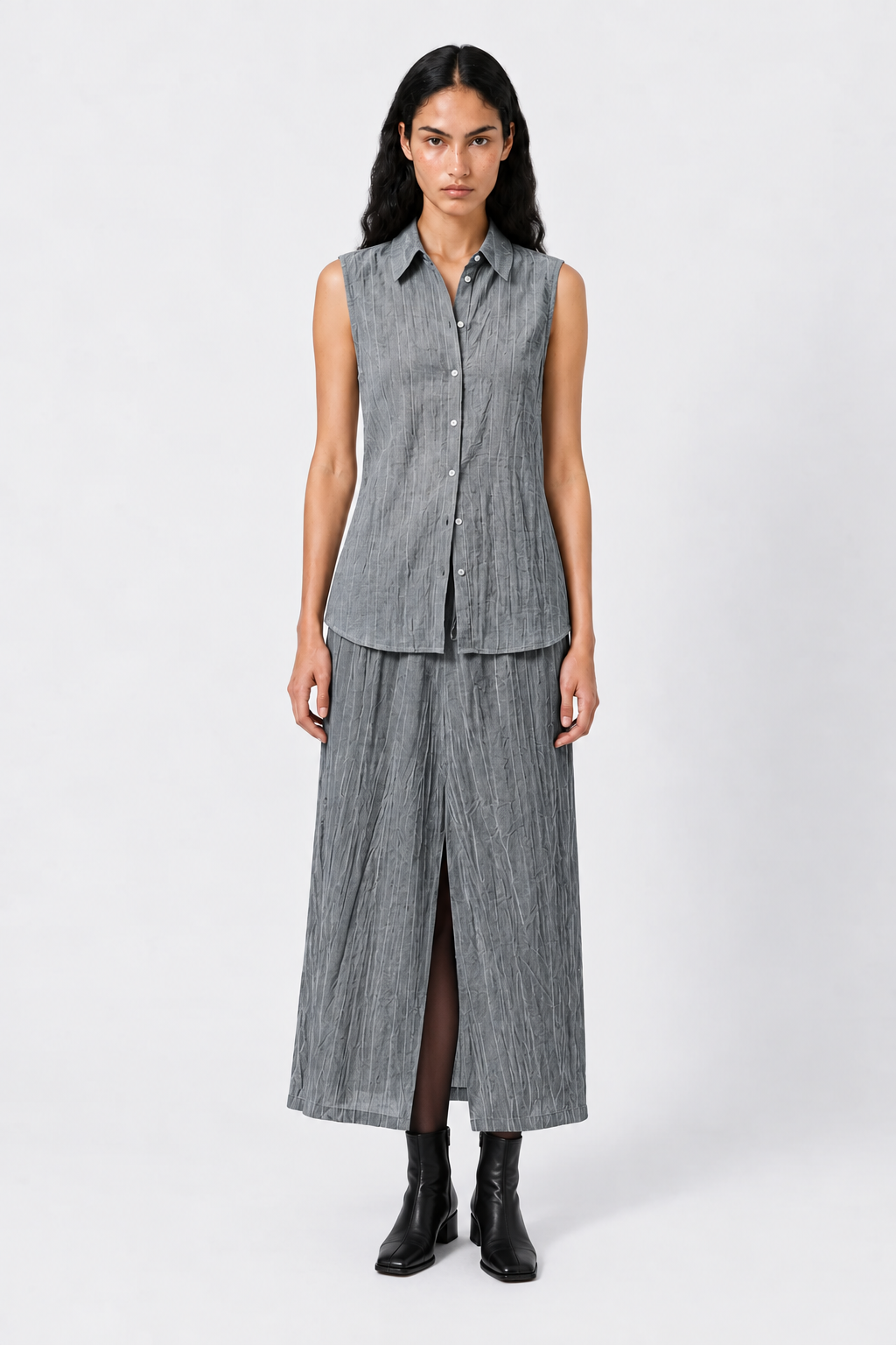 Sleeveless Shirt – Gray Textured Viscose