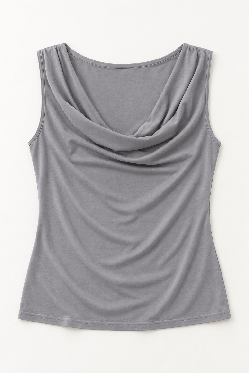 Grey sleeveless bamboo top with draped cowl neckline, flat lay