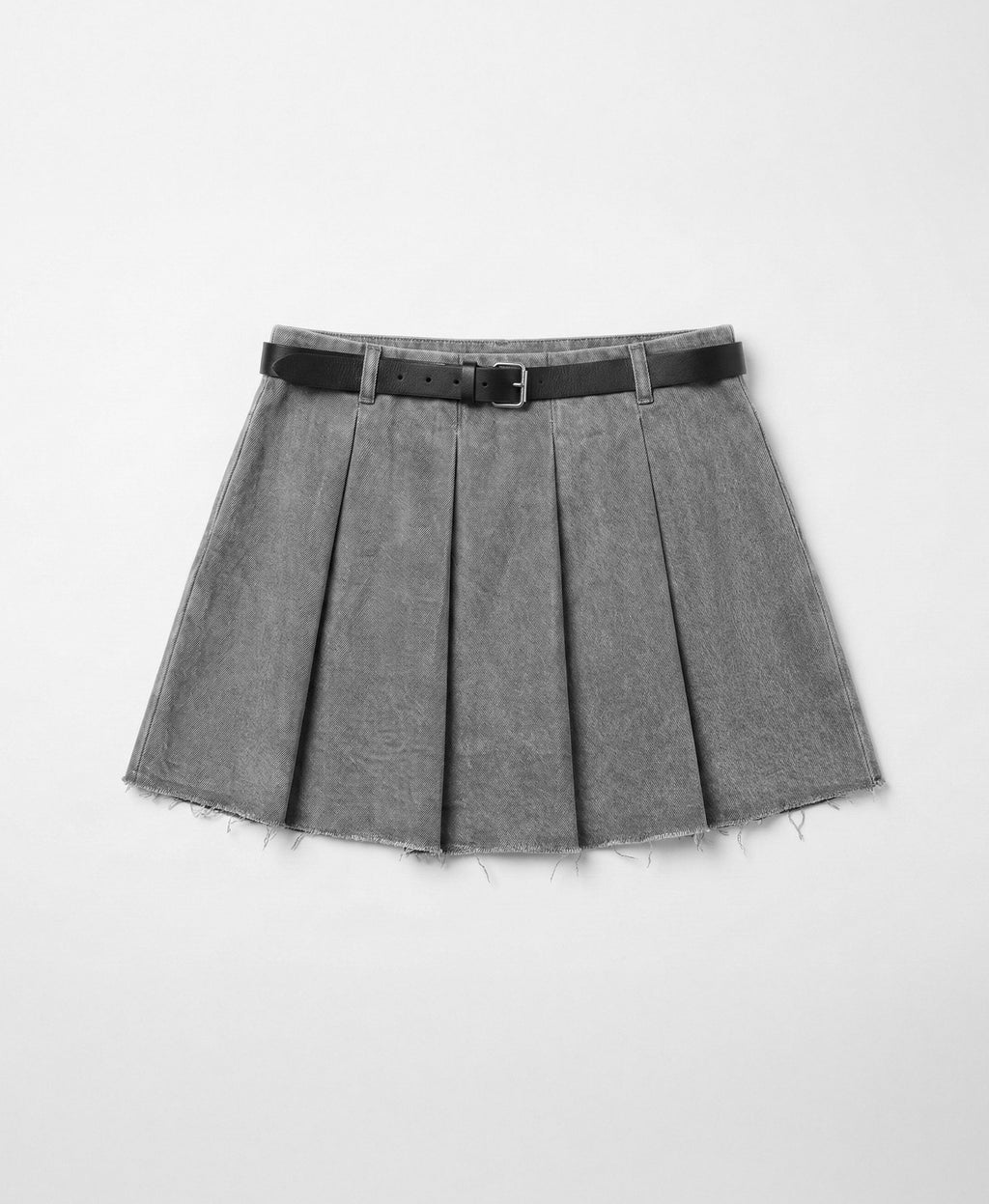 Pleated Skirt With Leather Belt – Gray Denim