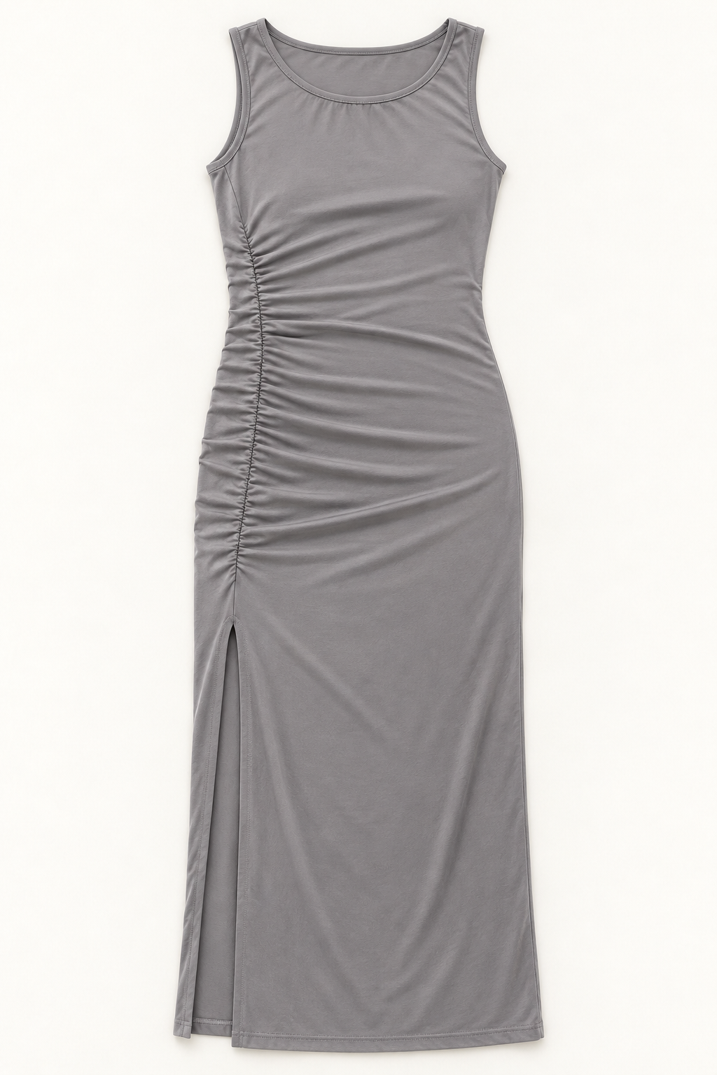 Grey ruched side maxi dress, flat lay