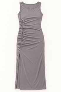 Grey ruched side maxi dress, flat lay