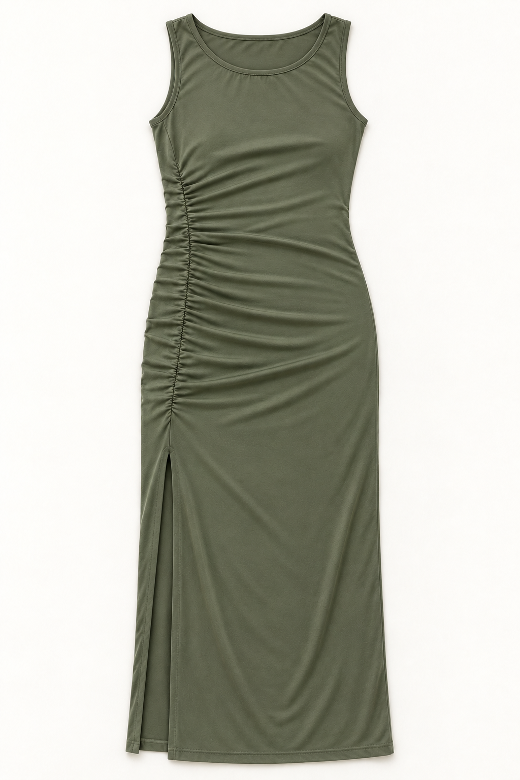 Olive green ruched side maxi dress, flat lay