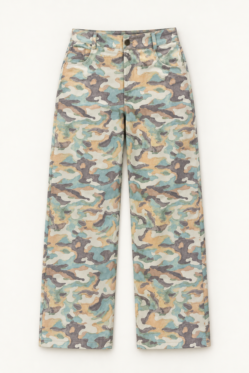 Pastel camouflage wide-leg pants, flat lay