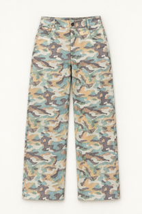 Pastel camouflage wide-leg pants, flat lay