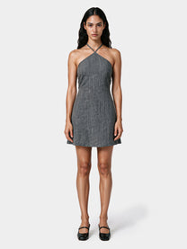 Gray textured viscose halter dress by Colmillo de Morsa, front view