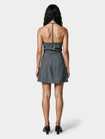Gray halter dress, open back view