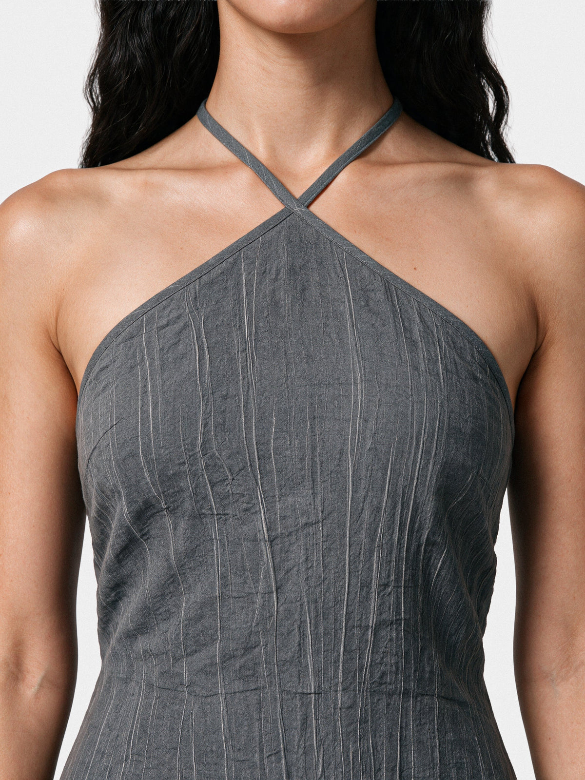 Gray halter dress, close-up of the halter neckline