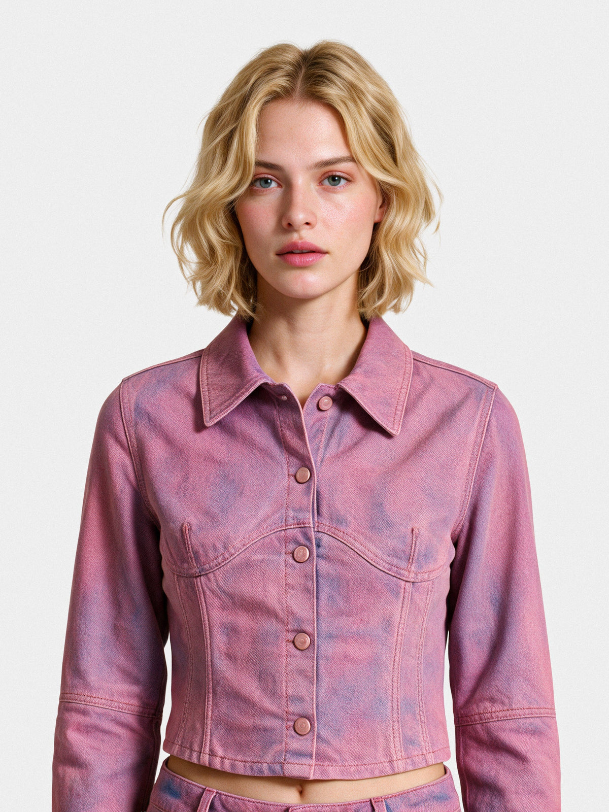 Pink denim trucker jacket by Colmillo de Morsa, front view