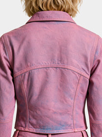 Pink denim trucker jacket, back view