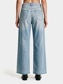 Blue denim wide-leg jeans, back view