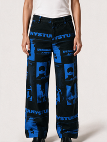 Model wearing the printed pants, front view